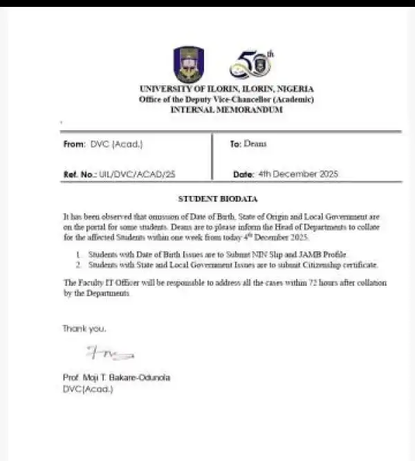 UNILORIN gives 1 week deadline for students to update biodata