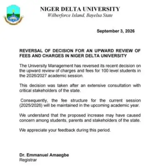 NDU notice on reversal of upward review of fees and charges for 2026/2027 academic session