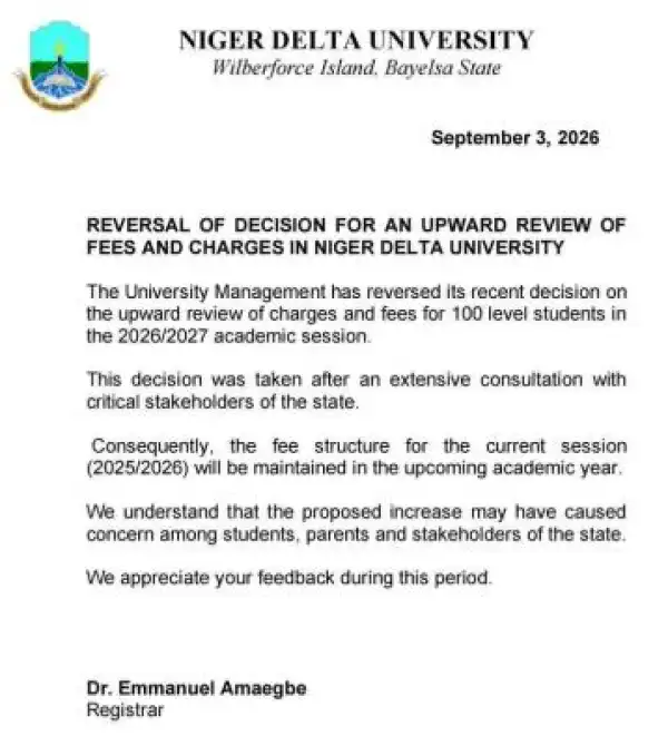 NDU notice on reversal of upward review of fees and charges for 2026/2027 academic session