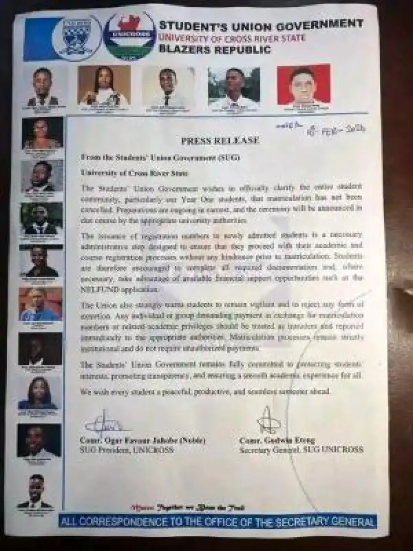 UNICROSS SUG update on matriculation ceremony