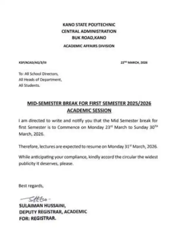 Kano State Poly declares Mid-semester break for 1st semester, 2025/2026