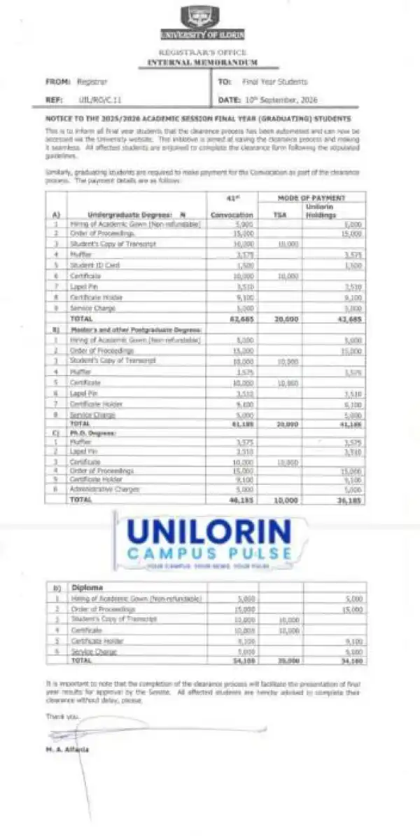 UNILORIN automates final year clearance process for 2025/2026 session