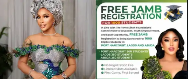 Tonto Dikeh Offers Free JAMB Registration to 1,000 Students