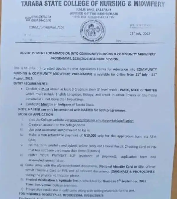 Taraba State College of Nursing & Midwifery releases admission form 2025/2026