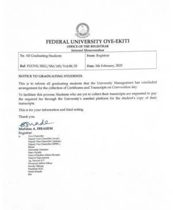 FUOYE notice to graduating students on collection of Transcripts