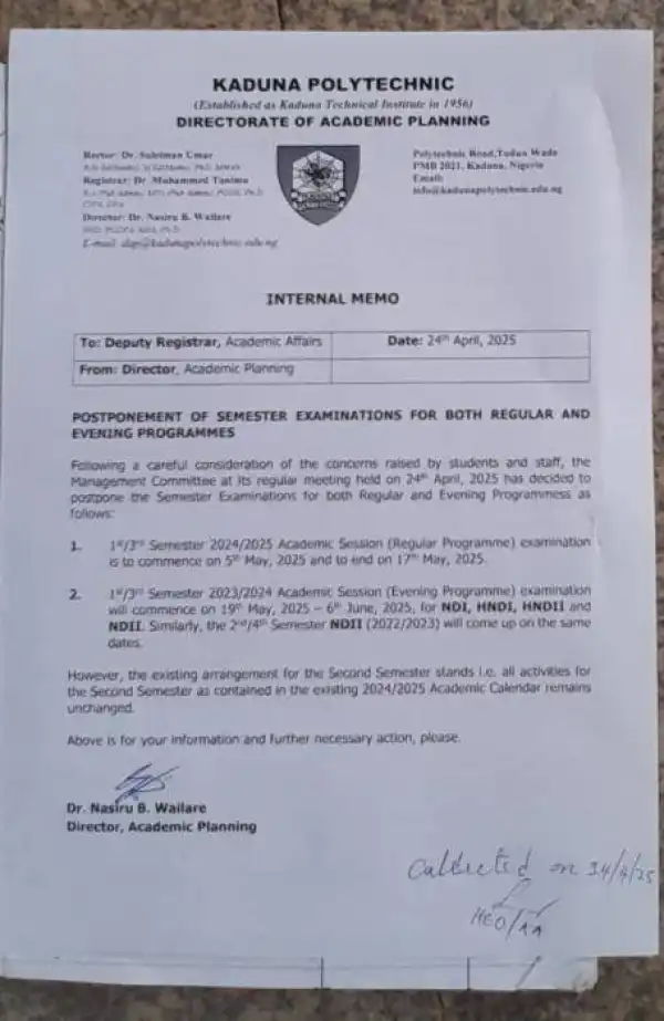 KADPOLY postpones examination for both regular and evenng programme students
