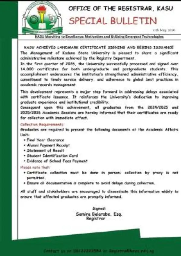 KASU commences issuance of certificates for 2024-2026 graduates