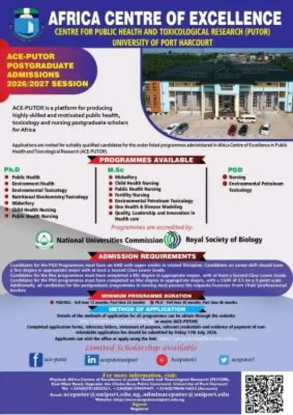 UNIPORT ACE-PUTOR Announces Postgraduate Admissions for 2026/2027 Session
