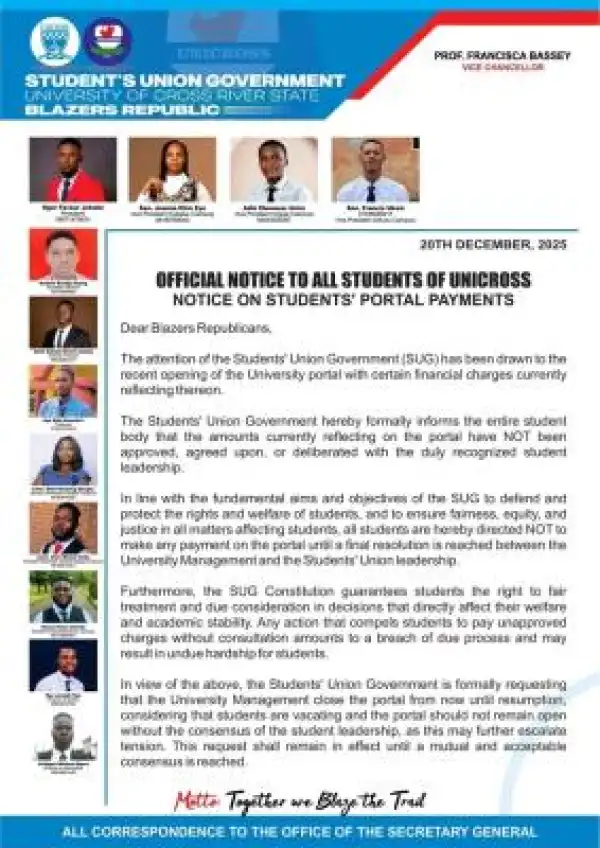 UNICROSS SUG warns students against paying unapproved portal charges