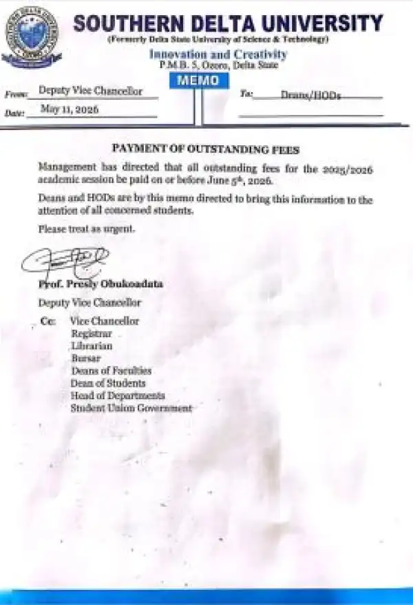 Southern Delta University notice on payment of outstanding fees