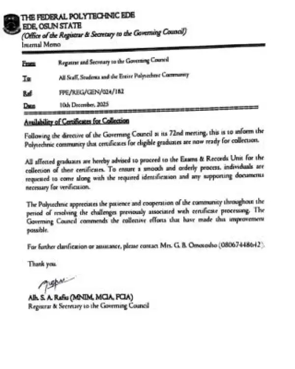 Federal Polytechnic Ede announces availability of certificate for graduates
