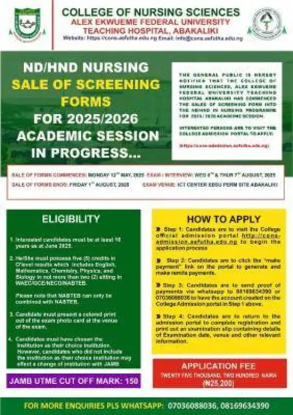 Alex Ekwueme Federal University Teaching Hospital, Abakaliki releases ND/HND Nursing form, 2025/2026