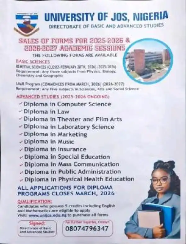 UNIJOS Remedial, Basic and Advanced Studies admission, 2026/2027