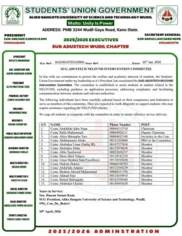 ADUSTECH SUG notice on appointment of NELFUND Intervention Committee