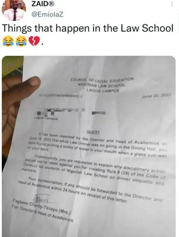 Law Student Set To Face Disciplinary Action For Drinking Water From A Bottle Instead Of A Glass Cup At Law Dinner