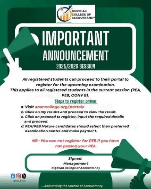 Nigerian College of Accountancy notice on examination Registration