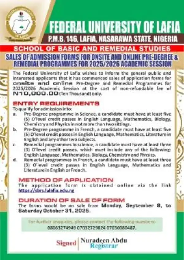 FULAFIA releases pre-degree/Remedial admission form, 2025/2026