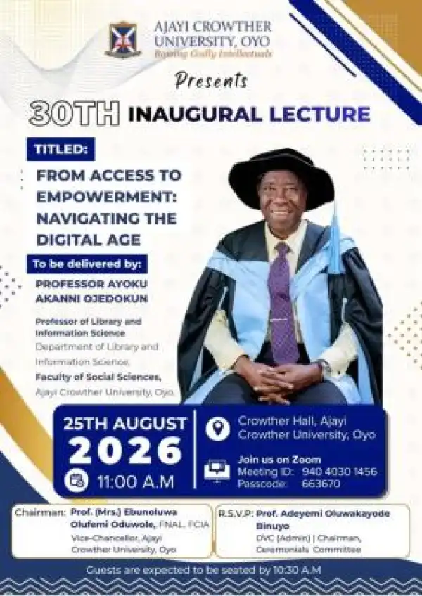 Ajayi Crowther University announces 30th Inaugural Lecture