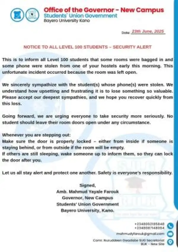 BUK SUG security alert notice to 100 Level students