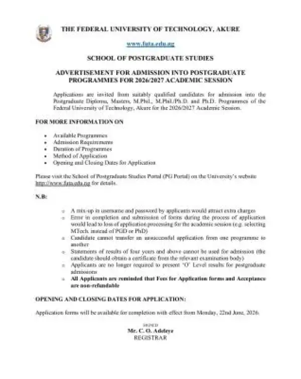 FUTA Postgraduate admission form, 2026/2027
