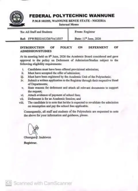 Federal Poly Wannue introduces deferment of studies policy