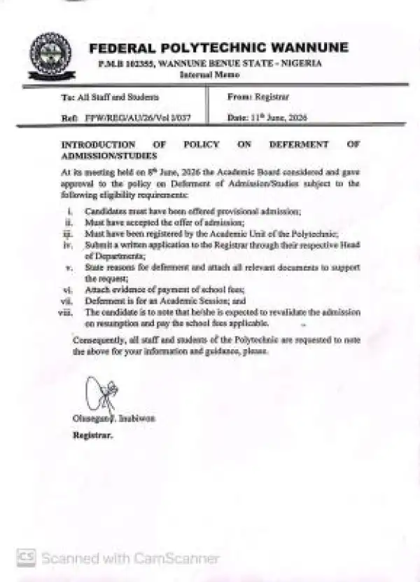 Federal Poly Wannue introduces deferment of studies policy