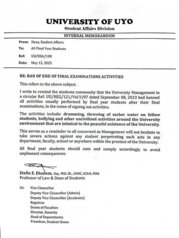 UNIUYO reiterates ban on final exam activities