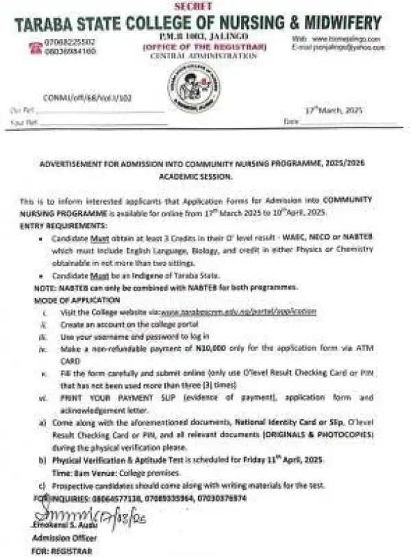 Taraba College of Nursing & Midwifery admission into community Nursing programme, 2025/2026