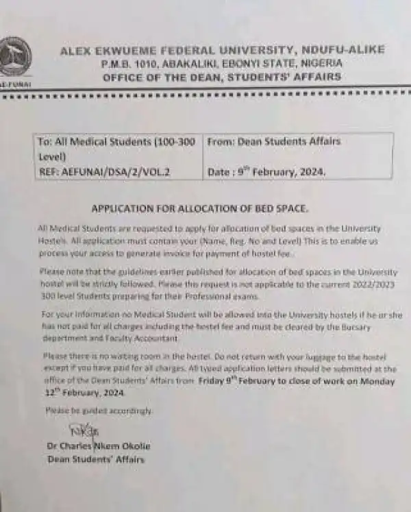 FUNAI notice to all medical students (100-300) level on application for allocation of bed space