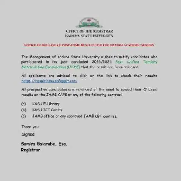 KASU Post-UTME results for 2023/2024 session