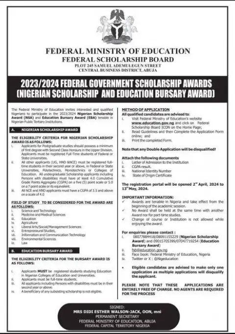 Federal Govt. Scholarship & Education Bursary Award for Nigerians, 2023/2024