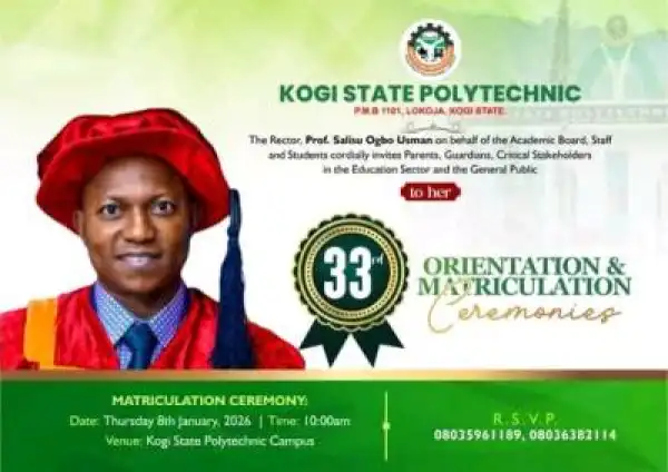 Kogi State Polytechnic announces 33rd orientation and matriculation Ceremony