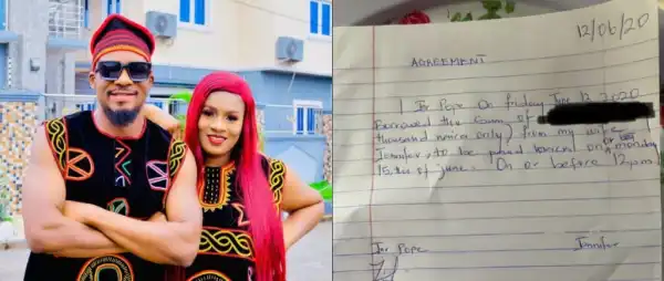 Junior Pope’s Widow Shares Hilarious 2020 ‘Loan Agreement’ He Signed After Borrowing From Her