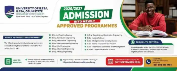 University of Ilesa announces admissions into newly approved programmes, 2026/2027