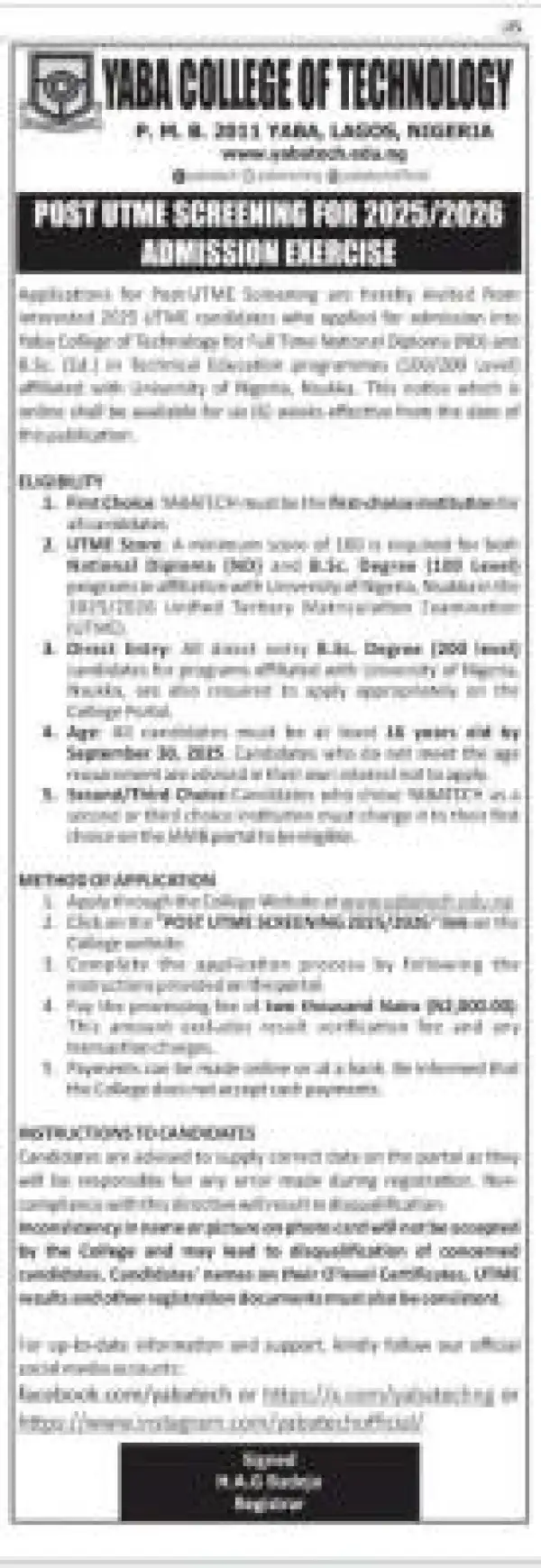 YABATECH Post-UTME 2025: Cut-off marks, Eligibility and Registration Details