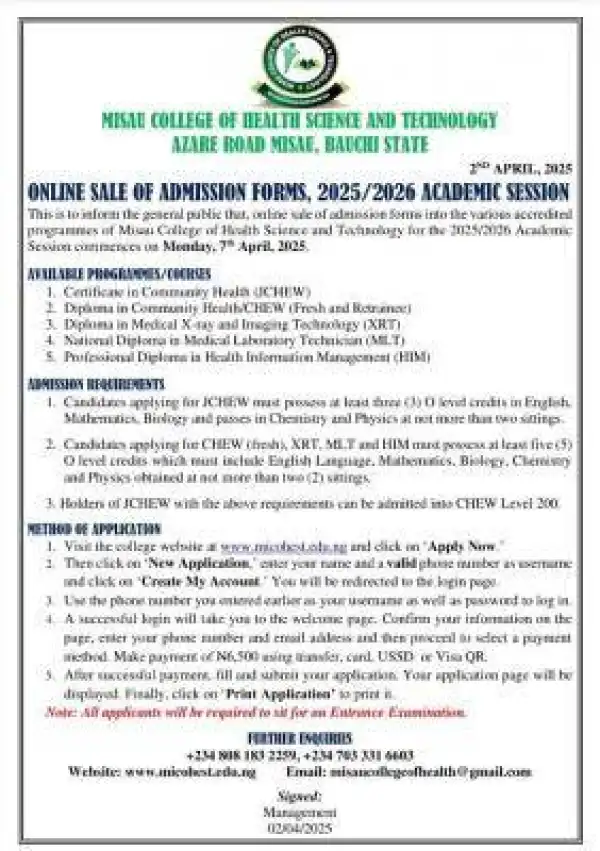Misau College of Health Science & Tech, Bauchi releases admission form for 2025/2026 session