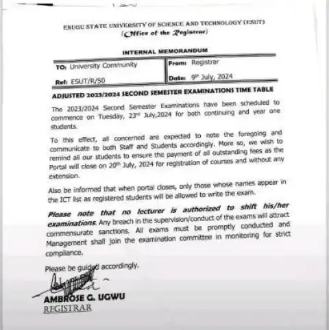 ESUT adjusts second semester exam timetable, 2023/2024