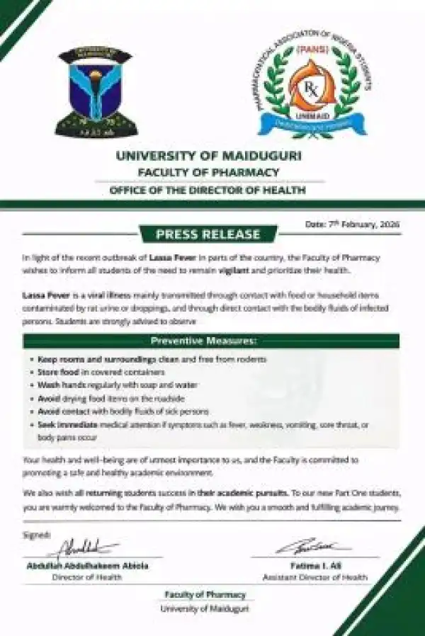 UNIMAID Faculty of Pharmacy issues health advisory amid Lassa Fever outbreak