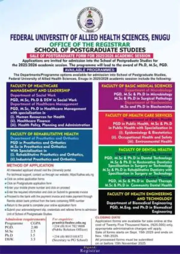 FUAHSE Postgraduate Admission form, 2025/2026