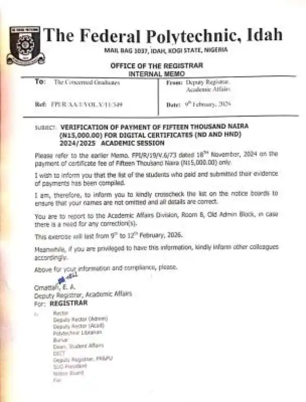 Federal Poly Idah notice on verification of payments for Digital Certificates