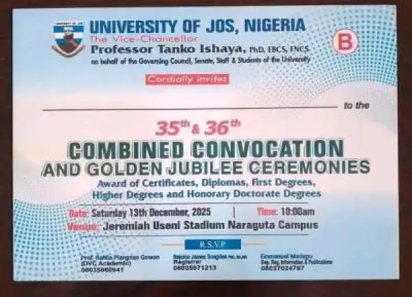 UNIJOS announces 35th and 36th combined convocation and golden jubilee ceremonies