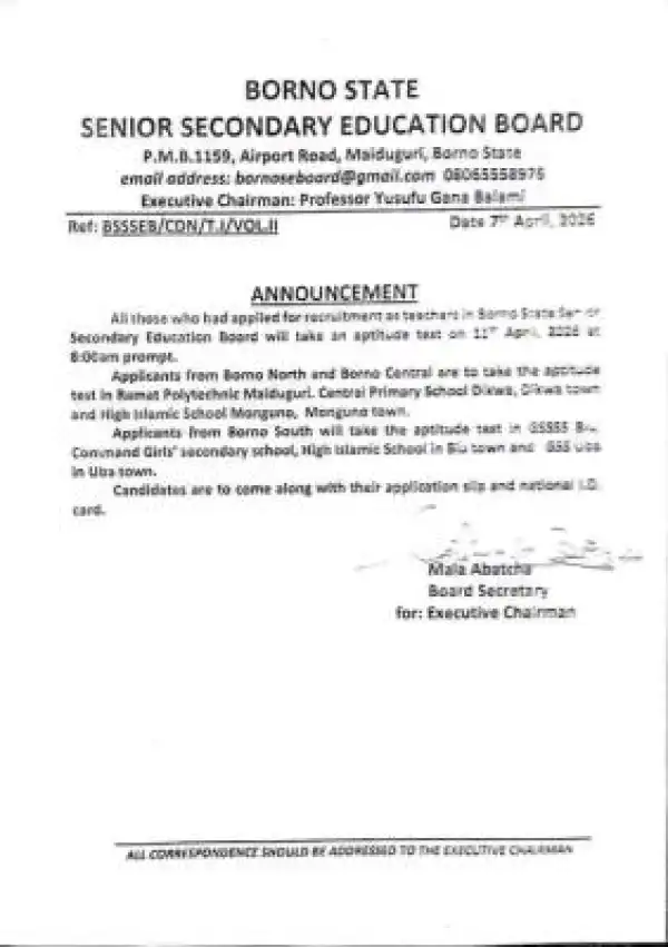 Borno State Senior Secondary Education Board announces aptitude test for Teacher Recruitment