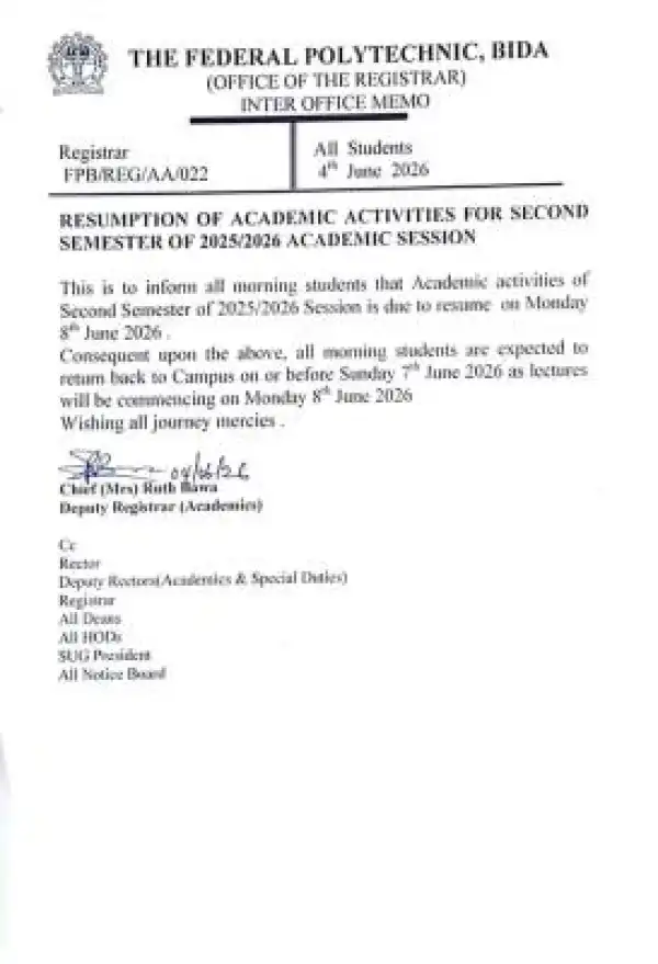 Federal Polytechnic, Bida announces second semester resumption date, 2025/2026