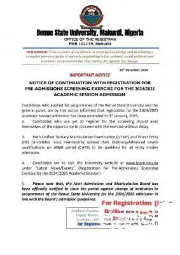 BSU extends Post UTME/DE registration deadline, 2024/2025