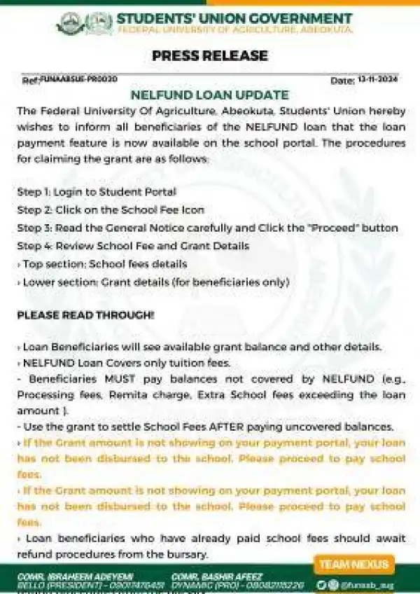FUNAAB SUG update to students on NELFUND Loan