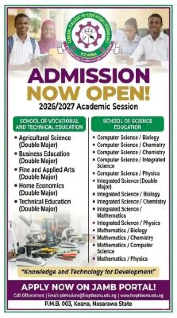 Federal College of Education (Technical), Keana NCE admission, 2026/2027