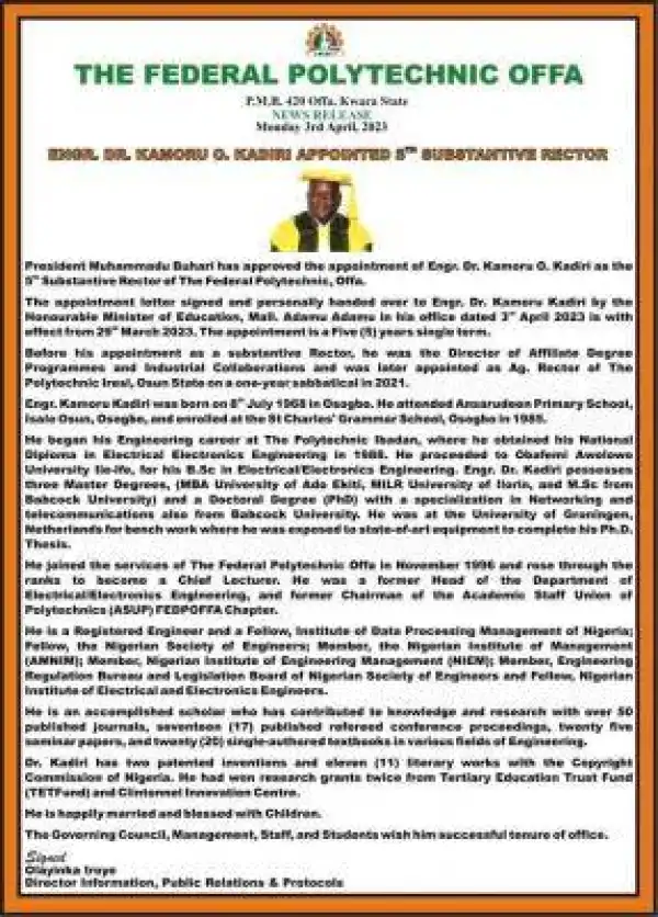 Fed Poly Offa appoints 5th Substantive Rector