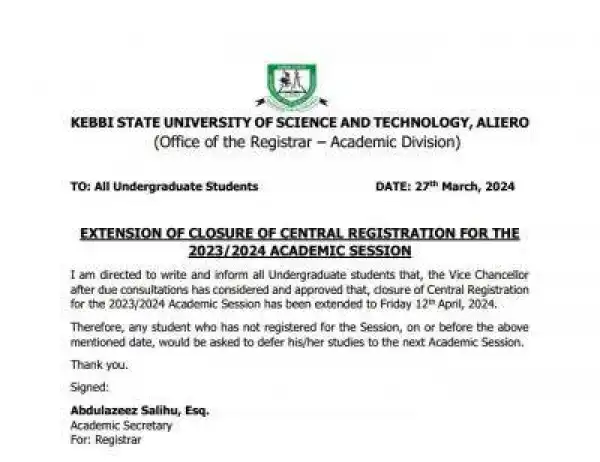 KSUSTA notice on extension of closure for central registration, 2023/2024 session