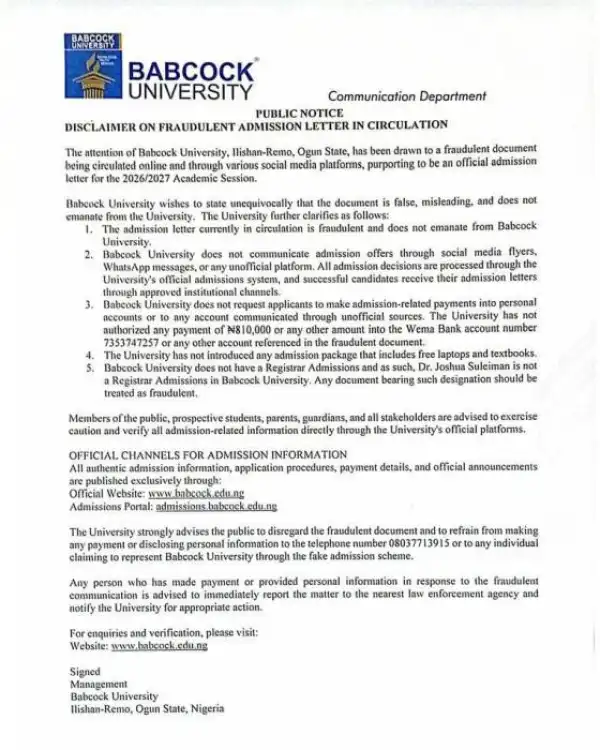 Babcock Disclaimer notice on Fraudulent Circulated Admission letter