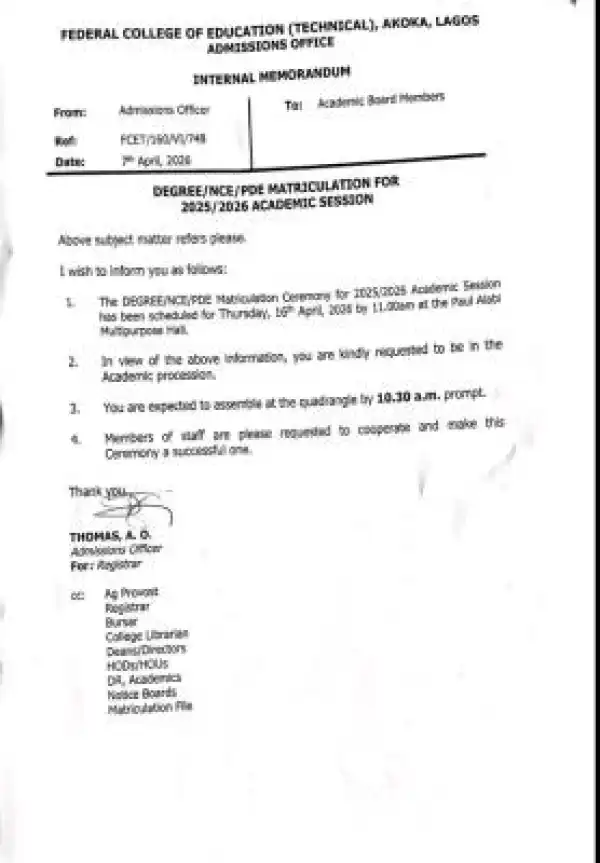 FCE Technical Akoka, announces 2025/26 Matriculation Ceremony